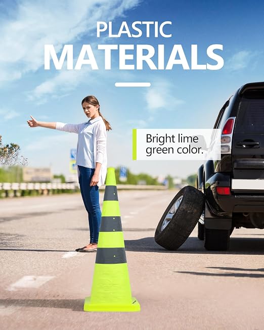 BATTIFE [4 Pack] 36 Inch Collapsible Traffic Cones, Lime Green Safety Cones, Pop-up Cones with Reflective Collar, for Driving Practice,Road Parking (Green)