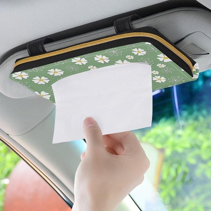 Daisies Backseat Tissue Case Holder Hanging Visor Tissue Holde PU Leather Tissue Box Napkin Holder Green