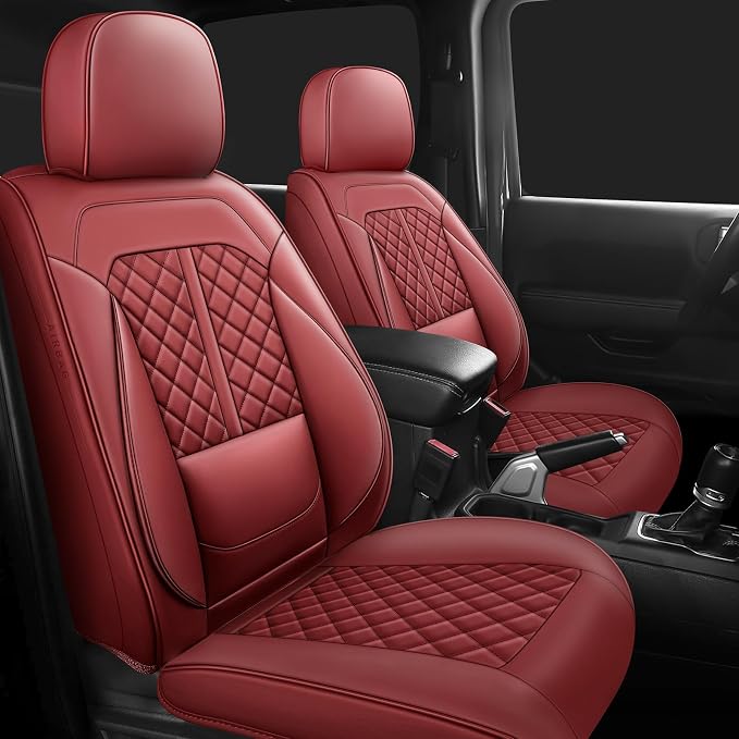 Wrangler Seat Covers 2007-2017,Custom Fit for Jeep Wrangler JK JL 4 Door Unlimited Sahara/Sport/Rubicon X 392 Willys,Waterproof Faux Leather and Lumbar Support (Wine Red, Full Set-5 seats(07-17))