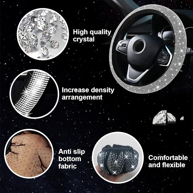 Osilly 27PCS Bling Car Accessories Set for Women, 15 Inch Reinestone Crystal Steering Wheel Covers License Plate Frame USB Charger Phone Holder Coasters, Vehicle Decorations, Universal Fit（Red）