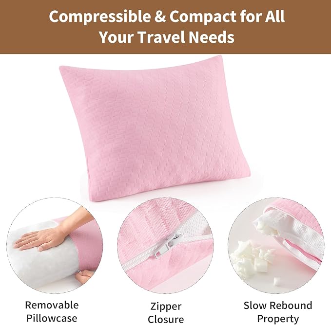 Small Shredded Memory Foam Pillow, Camping Pillow Travel Pillow - Compressible Medium Firm, Breathable Cover, Ideal Backpacking Hiking, Airplane and Car (Apricot Pink, L)