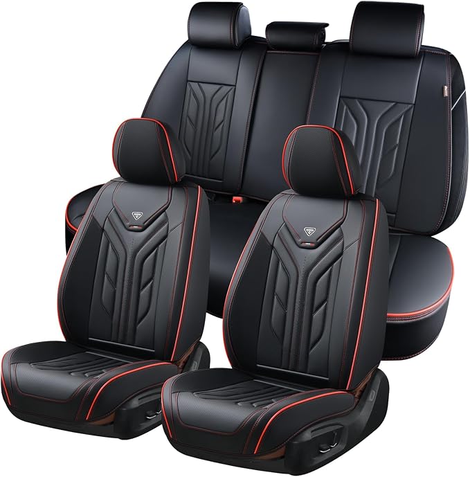 Coverado Seat Covers, Car Seat Covers Full Set, Leather Seat Covers for Cars, Automotive Seat Covers Car Seat Protector Car Accessories Fit for Most Sedans SUV Pick-up Truck(Black&Red)