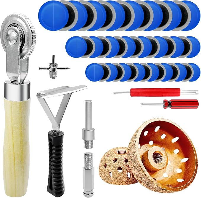 54Pcs Tire Patch Kit Heavy Duty, Tire Repair Tools 42 mm 55 mm Tungsten Steel Buffing Wheel with 32/42/58mm Tire Patches, Inner Liner Scraper, Tire Patch Roller for Car Grinding Polishing Accessories