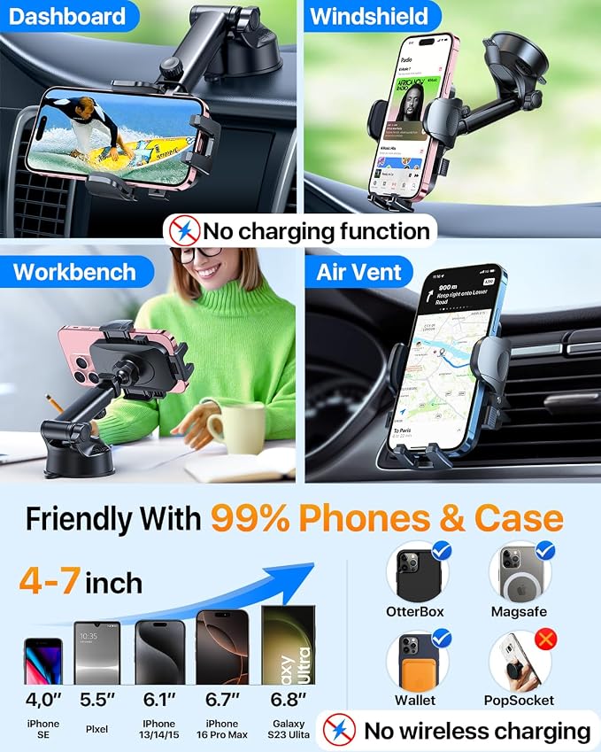 HTU Car Phone Holder【2026 Upgraded 100+LBS Suction & Safety Cert】 Cell Phone Car Mount for Truck Heavy Duty Phone Holder for Dashboard/Windshield/Vent for iPhone 17 16 Pro Max, Red