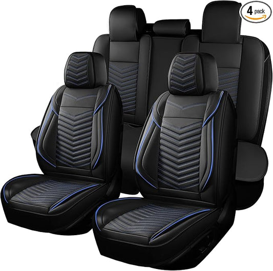 HChengkikz Car Seat Cover, Waterproof Faux Leather (Black + Blueline) | Easy Maintenance, Airbag Compatible, Universal Fit For Most SUVs Trucks Pick-ups Sedans