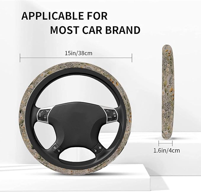 Steering Wheel Cover, Retro Wildflowers Flowers Steering Wheel Cover for Women Men Universal 15 Inch Steering Wheel Protector Fit Auto SUV Sedan Vans Trucks