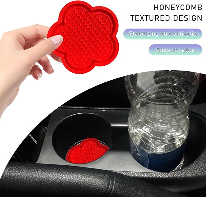 DXNQ 4 PCS Car Cup Coasters, Cute Flower Shaped Car Cup Holder Mat, PVC Waterproof Anti Slip Vehicle Cup Holder Insert Coaster, Universal Car Interior Decor Accessories (Red)