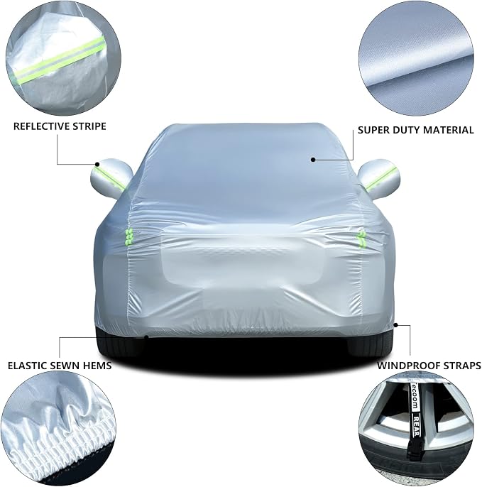 Tecoom Light Shell Breathable Material Classic Zipper Design Waterproof UV-Proof Windproof Car Cover for All Weather Outdoor Fit 170-190 inches SUV Fit for Tesla Model Y Toyota RAV4 Nissan Rogue etc