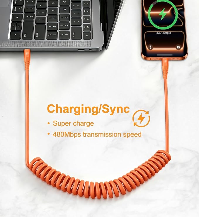USB C to C Cable [3FT+6FT], Coiled USB C Fast Charging Cable for CarPlay | 2Pack iPhone USB-C Cable/Android Auto USB C Cord USB Type-C Cable for iPhone 17/16/15/Pro Max/Galaxy S26 S25 and More-Orange