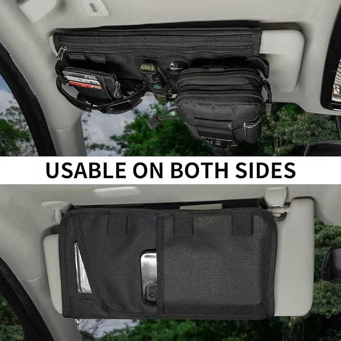 Car Sun Visor Organizer for Cars, Trucks, Vans | Double Sided Visor Organzier with Card Pouch, Multi-Functional Sunglass Holder, Tactical MOLLE Accessories
