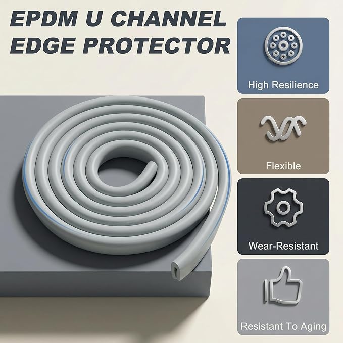 Rubber U Channel Edge Trim, Door Seal Strip, Fits Edge up to 1/16 Inch (1. 6mm) U Shape Weather Stripping(20 Feet,Gray)