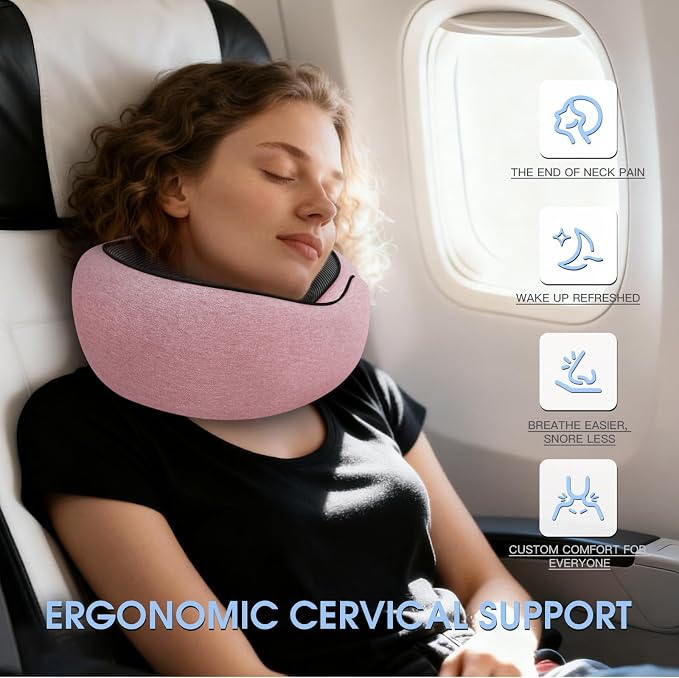 Neck Travel Pillows for Airplanes Memory Foam Neck Comfort Pillow Compact Ergonomic Design Sleeping Essentials for Long Flights Car Rides and Home Use (Pink)