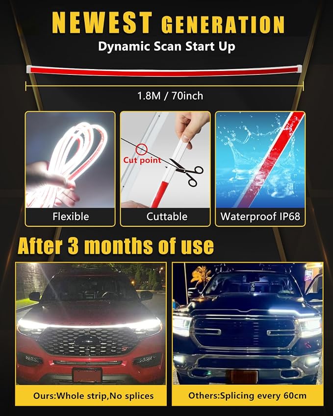 YM E-Bright Led Hood Light Strip Exterior Led Strip Lights for Cars Waterproof Flexible DRL Dynamic Scan Start Up Hoodbeam Kit Daytime Running Light for Car,Truck,SUV,12V 70inch White,1 Set