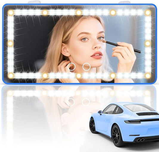 SINGARO Car Sun Visor Vanity Mirror - Rechargeable Makeup Mirror with 60 LEDs, 3 Light Modes & Dimmable Touch Control for Cars, Trucks, SUVs, Car Interior Accessories for Women (Blue)