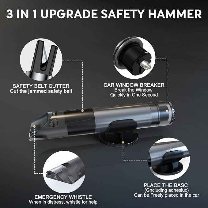Safehammer - 3-in-1 Upgraded Safe Hammer Glass Breaker Under Water, Car Hammer Seatbelt Cutter Window Breaker & Survival Whistle Emergency Escape Tool, Safehammer Glass Breaker for All Cars (2PCS)