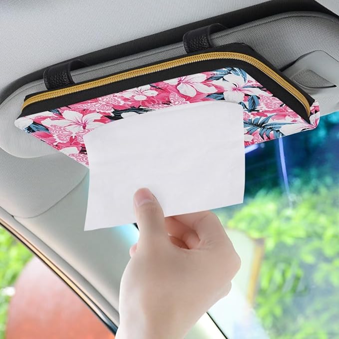 Pink Tropical Flower Car Visor Tissue Holder for SUV Sedans Vans Tropical Flower Premium Car Tissue Box PU Leather Wear Proof Universal Fit