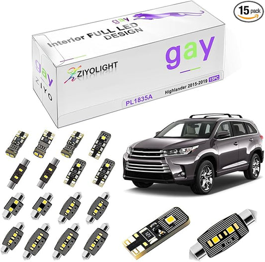 PL1835A Replacement for Toyota Highlander Kluger 2015-2019 LED Interior Light kit, 6000K White Dome Lights Accessories Package + License Plate Light Bulbs Upgrade (15 Bulbs)