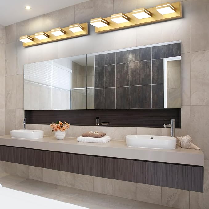 SineRise LED Modern Bathroom Vanity Light Fixtures (4-Light, 30-Inch), Matte Gold Modern Acrylic Bathroom Wall Lighting Fixtures Over Mirror (Cool White 6000K)