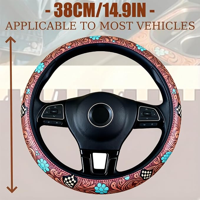 Western Cowboy Steering Wheel Cover - Retro Tooled Leather, Embossed Hand-Painted Design, Universal 15 Inch Anti-Slip Cover for SUV, Truck, Car, Breathable All-Weather, Easy to Install (Style-C)