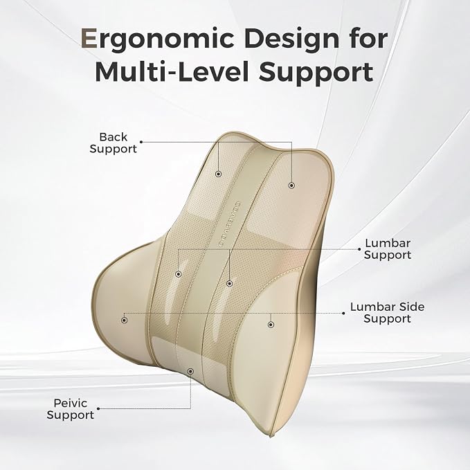 Coverado Lumbar Support Pillow for Car, Ergonomic Memory Foam Back Pillow for Office Chair, New Back Cushion for Pain Relief, PU Leather Car Lumbar Support for Driving Seat