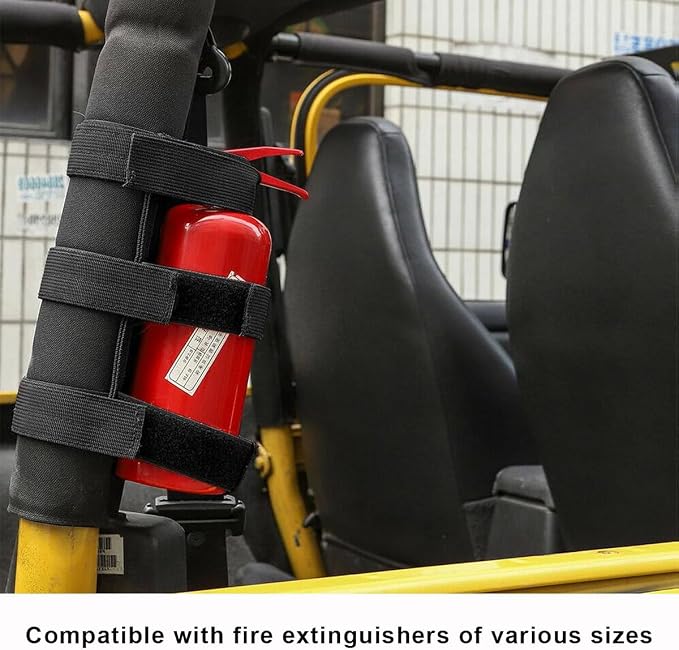 Ohleats Roll Bar Fire Extinguisher Holder, Adjustable Fire Extinguisher Mount Strap with American Flag Pattern, Car Accessories Fixed Belt for Wrangler JK JKU TJ CJ (No Pattern, Black, 2 PCS)