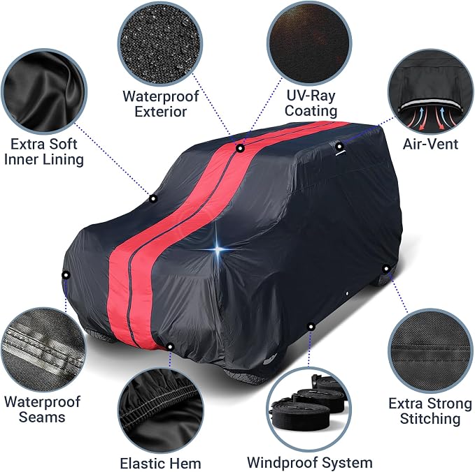 iCarCover Premium Heavy Duty SUV Car Cover - Waterproof All Weather Rain Snow UV Protection, CJ-5, Wrangler, FJ40, Tracker 2-Door, Sidekick 2-Door, Size S56 (See Size Chart), Stripe - Black/Red
