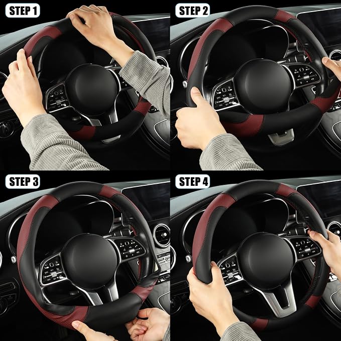 Black Burgundy Microfiber Leather D Shaped Steering Wheel Cover | Breathable Anti Slip Grip Cool Sporty Look Glow for Women Men