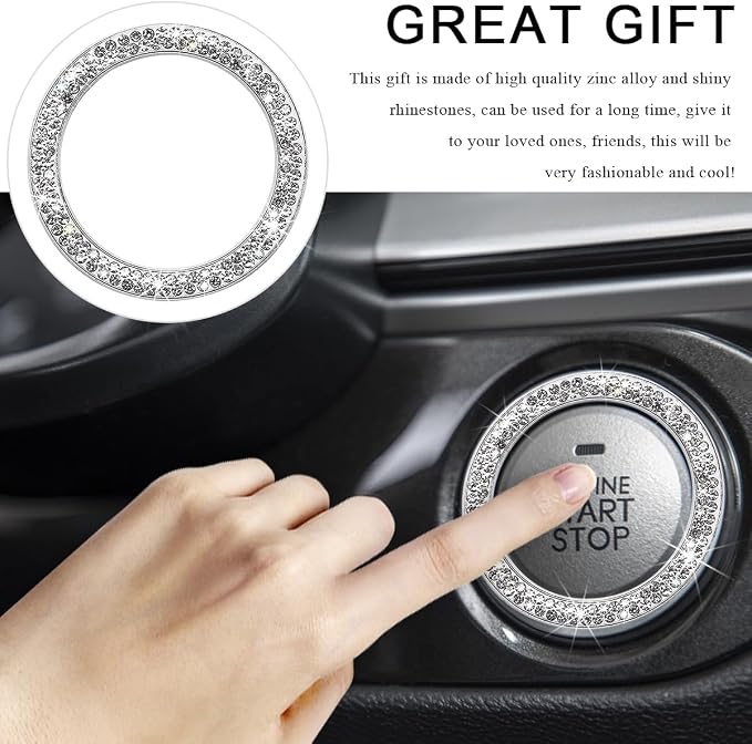 2 PCS Car Bling Crystal Rhinestone Engine Start Ring Decals, Sparkling Diamond Car Push Start Button Ignition Ring Sticker, Auto Key Ignition Knob Ring Decoration for Women Girls (White)