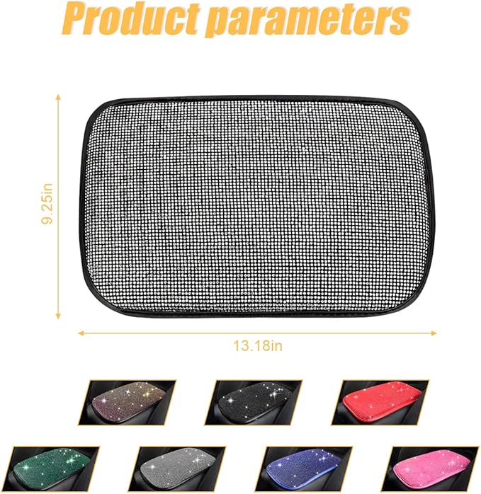 Moly Magnolia Bling Center Console Cover, Diamond Fashion ArmRest Pad, Crystal Soft Arm Rest Protective Cushion, Car Accessories for Women Girls, 11.8"×8.5" for Most of Vehicles, SUVs, Trucks (Black)