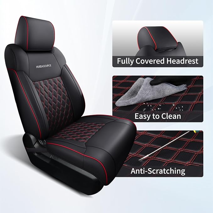 Huidasource Dodge Ram Front & Rear Seat Covers, Leather Car Seat Cover Full Coverage Waterproof Truck Seat Cushion Protector Fit for 2019-2025 RAM 1500 2500 3500 Crew/Mega Cab(Full Set/Black&Red)