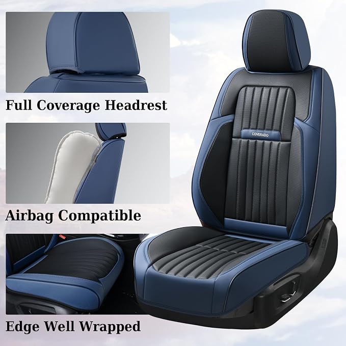 Coverado Car Seat Covers Front, Seat Covers for Cars, Waterproof Car Seat Cushions, 2-Pack Leather Carseat Seat Protectors, Universal Seat Covers Fit for Most Sedans SUV Pick-up Trucks(Blue&Black)