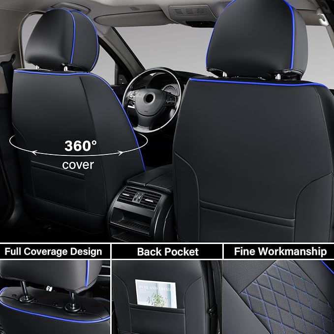 Coverado Tacoma Seat Covers Full Set, Faux Leather Seat Covers Custom Fit for 2016-2023 Toyota Tacoma Double/Crew Cab Base Prerunner SR5 Limited TRD Sport Interior Covers (Blue Line)