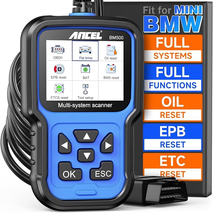 ANCEL BM500 OBD2 Scanner for BMW & MINI, Simplified Battery Registration, EPB, Oil, Throttle, PCM Resets, I/M Readiness, Full System Diagnostics for Engine, Transmission, ABS, SRS, DSC & More
