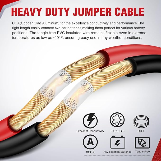 Nilight Jumper Cables for Car Battery 2 Gauge 20 FT Booster Cable Heavy Duty 800 A CCA with Carrying Bag Jump Start Emergency Kit Pickup Truck RV Vans SUV