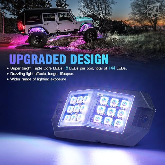Xprite 8 Pods Rock Lights Wide Angle Bluetooth Rocklights, Multicolor Neon Lighting Footwell Underglow Kits w/Wireless Remote Compatible with Jeep UTV ATV SUV RZR Off-Road Trucks Cars Boats