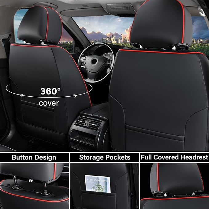 Coverado Seat Covers, Car Seat Covers Full Set, Leather Seat Covers for Cars, Automotive Seat Covers Car Seat Protector Car Accessories Fit for Most Sedans SUV Pick-up Truck(Black&Red)
