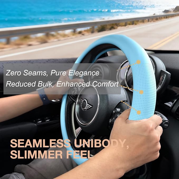 PINCTROT Large Size Nappa Leather Steering Wheel Cover, Slim Fit No Bulk Design, One Piece Leather with Breathable Perforation, Fit Like Gloves, 15.5-15.75 Inch(Nappa Aqua)
