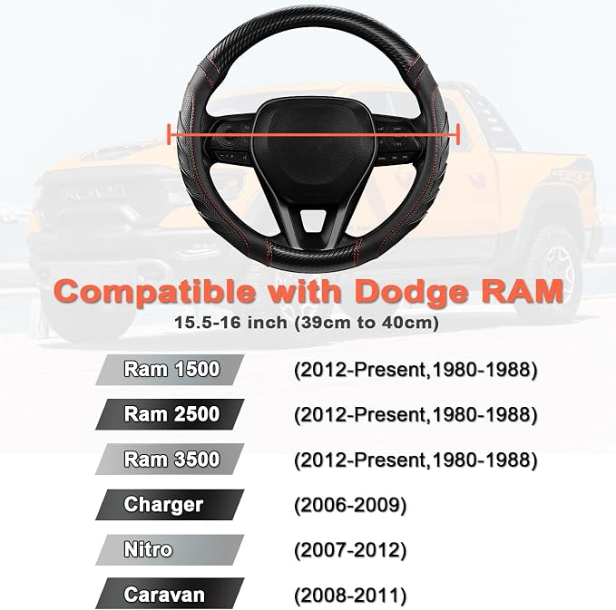 West Llama Customized Auto Car Steering Wheel Cover for Dodge RAM 1500 2500 3500, 15.5-16 inch(Black+Red-Large Size)