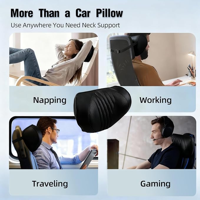 Car Neck Pillow 2-Pack - Premium Memory Foam Headrest with Soft Nappa Leather Feel, Ergonomic Support for Long Drives, Fits Most Vehicles (2, Black)