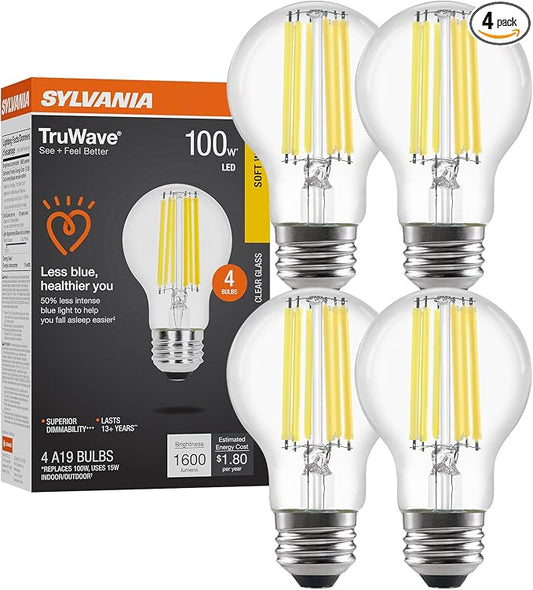 Sylvania LED TruWave Natural Series A19 Light Bulb, 100W Equivalent, Efficient 15W, 1600 Lumens, Medium Base, Dimmable, Clear, 2700K, Soft White - 4 Pack (42275)