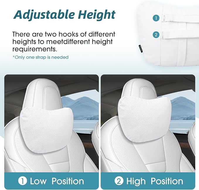 Upgraded Car Neck Pillow - Adjustable Height Headrest Cushion for Tesla Models 3/Y/S/X - Breathable Nappa Leather & High Elastic Pearl Cotton Interior (1 Pack Black)