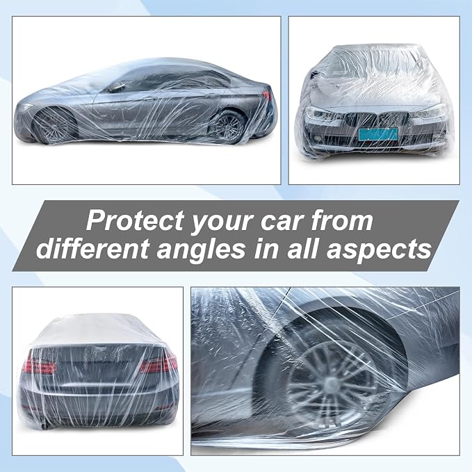 BBTO 2 Pack Universal Plastic Car Cover with Elastic Band Disposable Clear Car Covers Bulk 12.5 x 21.6 ft Waterproof Dustproof Full Exterior Protector for Sedan Outdoor Snow Rain Weather
