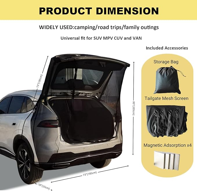 Car Camping Tailgate Mesh Screen for SUV, Mini Van, Great for Ventilation and Mosquito Prevention Car Camping Accessories