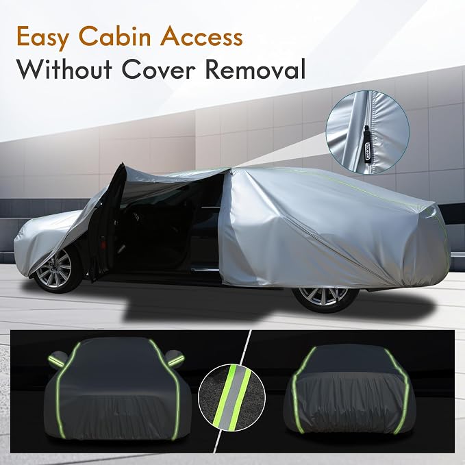 Tecoom Car Cover for Automobiles Waterproof, Windproof Sun Rain Snow Protection Fit for Tesla Model 3 Toyota Corolla 2000-2023 Honda Civic 1991-2023, Kia Stinger/Forte, Full Covers Sedan 170-190"