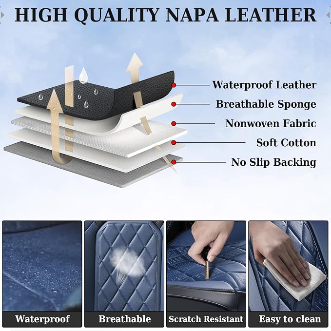 Coverado Car Seat Covers Full Set, Luxury Faux Leather Waterproof Seat Cover, Black and Blue Car Seat Covers, Car Seat Protector, Automotive Seat Covers Universal Fit for Most Cars, Black&Blue
