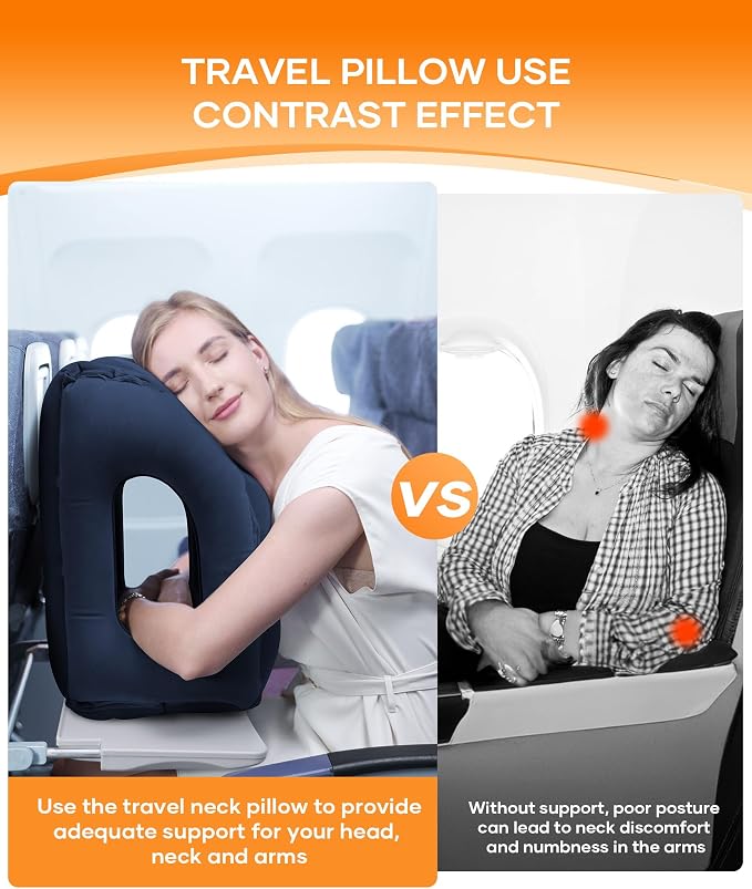 Sunany Travel Pillow, Upgraded Plane Pillow for Long Flights, Inflatable Neck Pillow Used for Airplanes,Cars,Buses,Trains,Office Napping with Eye Mask,Earplugs (Blue)