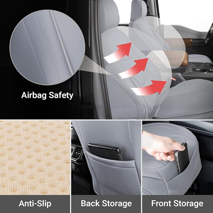 Coverland Custom Truck Car Seat Covers Front Seats for [2021-2026 Ford F150 Super, SuperCrew Cab Front Bucket Seats Rear 40/60 Bench w/o Armrest] - Protector Water Resistant Leather [Front-Gray]
