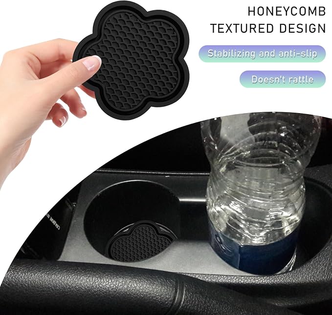 DXNQ 2 PCS Car Cup Coasters, Cute Flower Shaped Car Cup Holder Mat, PVC Waterproof Anti Slip Vehicle Cup Holder Insert Coaster, Universal Car Interior Decor Accessories (Black)