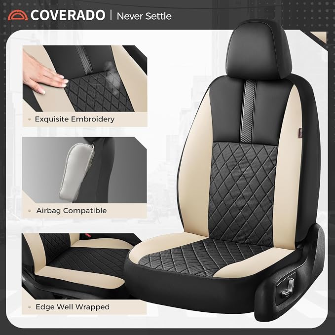 Coverado Car Seat Covers Front Pair, Automotive Leather Seat Covers for Car，Universal Fit Front Back Seat Cover, Non-Slip Waterproof Breathable Car Seat Protector