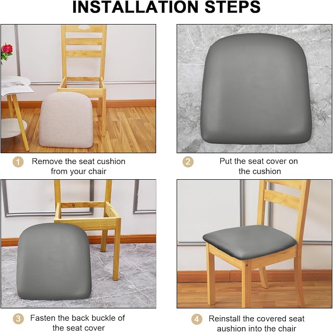 Leather Stretch Chair Seat Covers with Elastic Ties,Waterproof Dining Room PU Leather Chair Cover Seats,Removable Washable Chair Protector Seat Cushion Slipcovers for Home,Kitchen (Gray, 4 PCS)